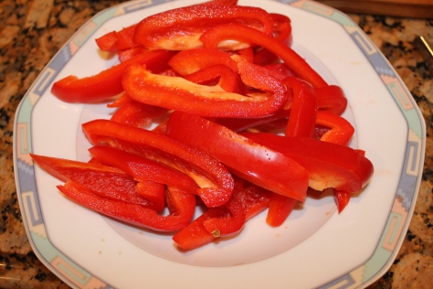 Red bell peppers cut in Julienne