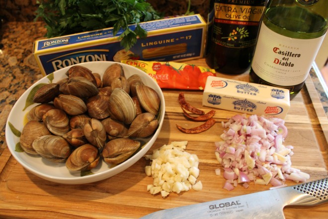 Mise en place for Linguine with Clams in a Wine Broth 