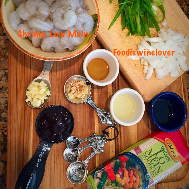 Mise en place for Shrimp Lo Mein 
