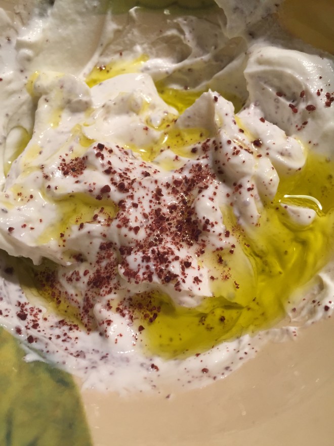 Greek yogurt, Sumac, olive oil 
