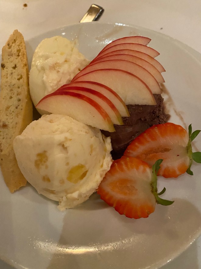 Ice Cream trio: Mexican hot cocoa, lemon bar, and peach with orange hazelnut biscotti 