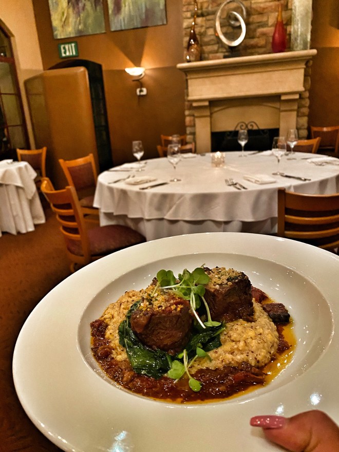 Braised boneless prime rib short ribs braciole over Front Porch Farms red floriani polenta 